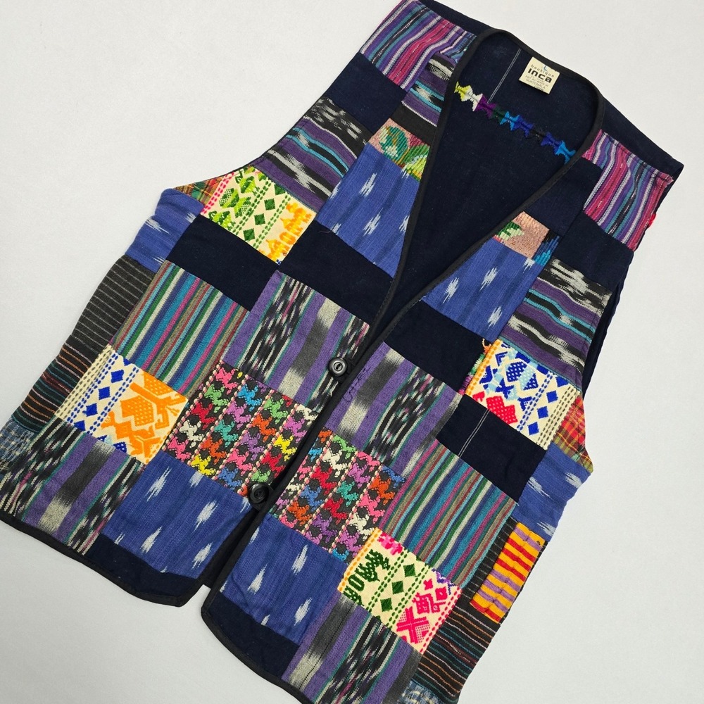 Boutique Inca Patchwork Vest Women Large Blue Cotton Woven Guatemala Boho Button